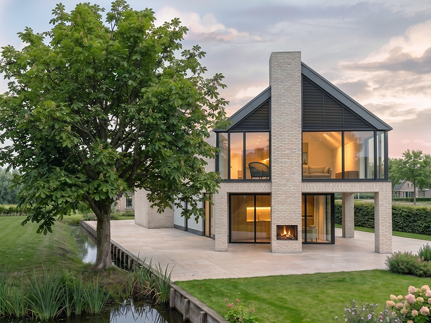 Moderne dijkwoning met lichte baksteen, grote glasgevel, schuin dak en terras aan het water.