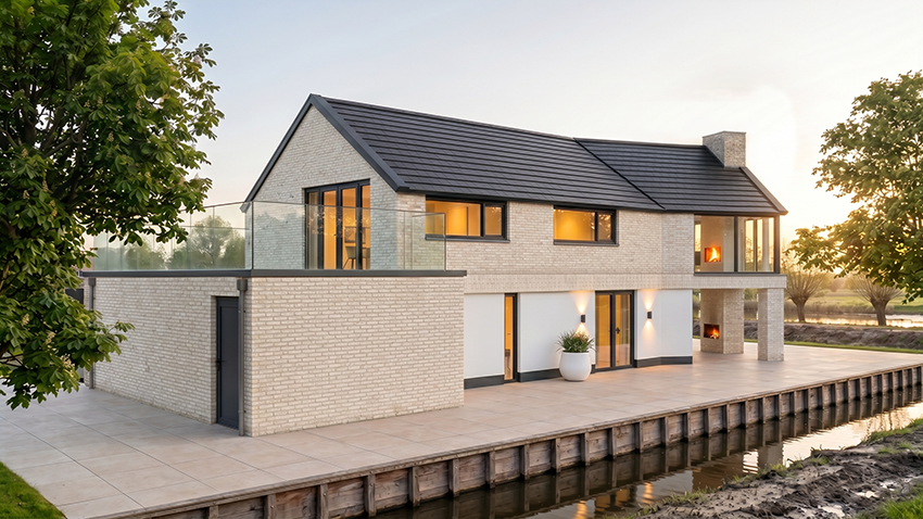 Zij- en achtergevel van een moderne dijkwoning met lichte baksteen, glazen balkon en terras langs het water.
