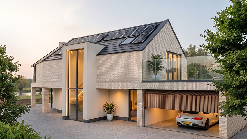 Zijgevel van moderne dijkwoning met zonnepanelen, glazen trappenhuis, dakterras en geïntegreerde garage.