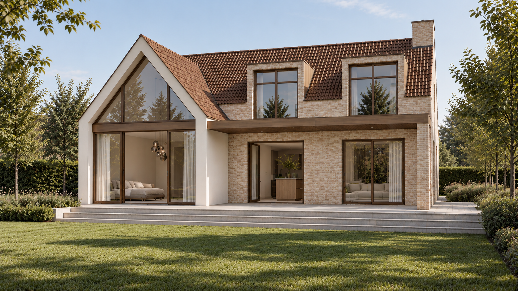 Achtergevel van moderne villa met glazen topgevel, lichte baksteen, grote schuifpuien en een ruim terras aan de tuin.