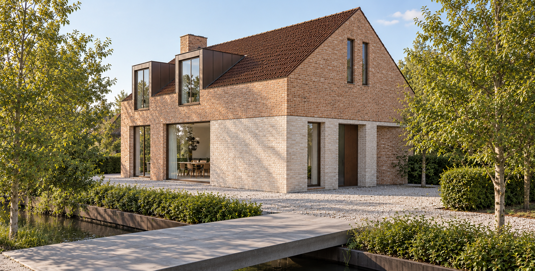 Moderne villa met lichte baksteen, zinken dakkapellen, pannendak en een toegangsbrug over het water.